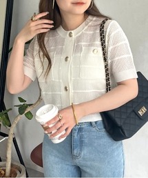 金ボタン半袖メッシュカーディガン