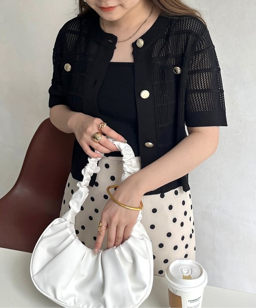 prose verse（プロズヴェール）の「金ボタン半袖メッシュカーディガン（カーディガン/ボレロ・レディース・オフホワイト/ブラック・ﾌﾘ-）」の2枚目の写真