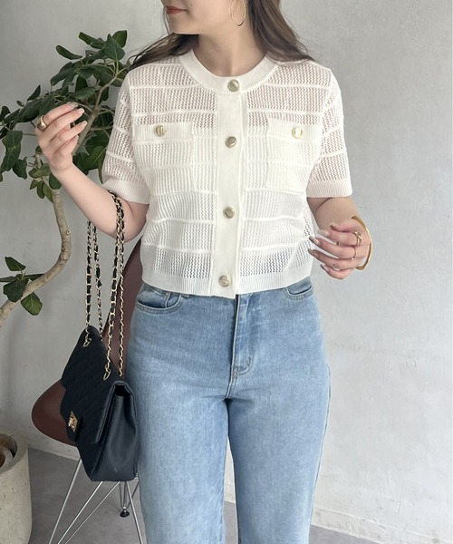 prose verse（プロズヴェール）の「金ボタン半袖メッシュカーディガン（カーディガン/ボレロ・レディース・オフホワイト/ブラック・ﾌﾘ-）」の17枚目の写真