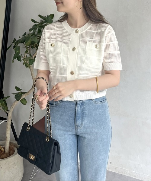 prose verse（プロズヴェール）の「金ボタン半袖メッシュカーディガン（カーディガン/ボレロ・レディース・オフホワイト/ブラック・ﾌﾘ-）」の3枚目の写真