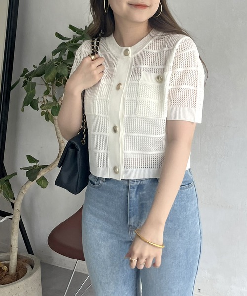 prose verse（プロズヴェール）の「金ボタン半袖メッシュカーディガン（カーディガン/ボレロ・レディース・オフホワイト/ブラック・ﾌﾘ-）」の13枚目の写真