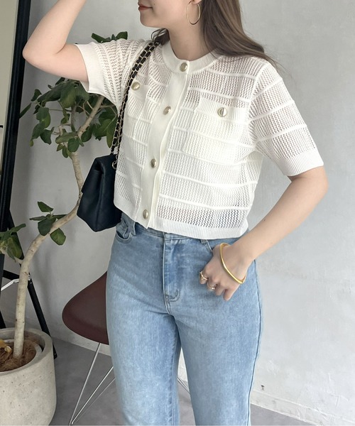 prose verse（プロズヴェール）の「金ボタン半袖メッシュカーディガン（カーディガン/ボレロ・レディース・オフホワイト/ブラック・ﾌﾘ-）」の10枚目の写真