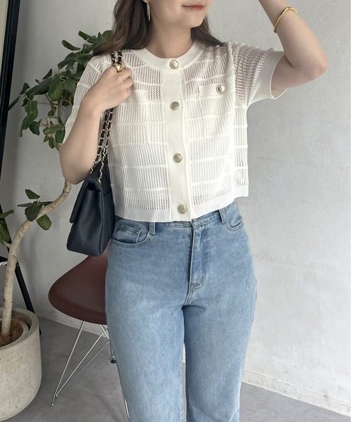 prose verse（プロズヴェール）の「金ボタン半袖メッシュカーディガン（カーディガン/ボレロ・レディース・オフホワイト/ブラック・ﾌﾘ-）」の7枚目の写真