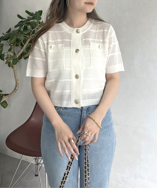 prose verse（プロズヴェール）の「金ボタン半袖メッシュカーディガン（カーディガン/ボレロ・レディース・オフホワイト/ブラック・ﾌﾘ-）」の22枚目の写真