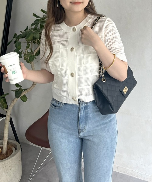 prose verse（プロズヴェール）の「金ボタン半袖メッシュカーディガン（カーディガン/ボレロ・レディース・オフホワイト/ブラック・ﾌﾘ-）」の18枚目の写真