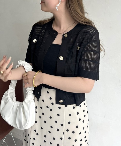 prose verse（プロズヴェール）の「金ボタン半袖メッシュカーディガン（カーディガン/ボレロ・レディース・オフホワイト/ブラック・ﾌﾘ-）」の12枚目の写真