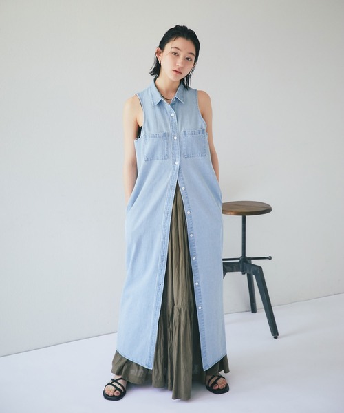 【新品タグ付き】RIVE DROITE 半袖デニムシャツワンピ FREEブルー RIVE DROITE｜【MONN×Yoshiiiiii】半袖デニムシャツワンピース