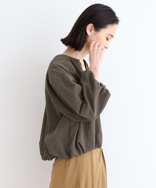 ブラウン系チェック パフスリーブブラウス ems エムズエキサイト ブラウン チェック柄 パフスリーブ