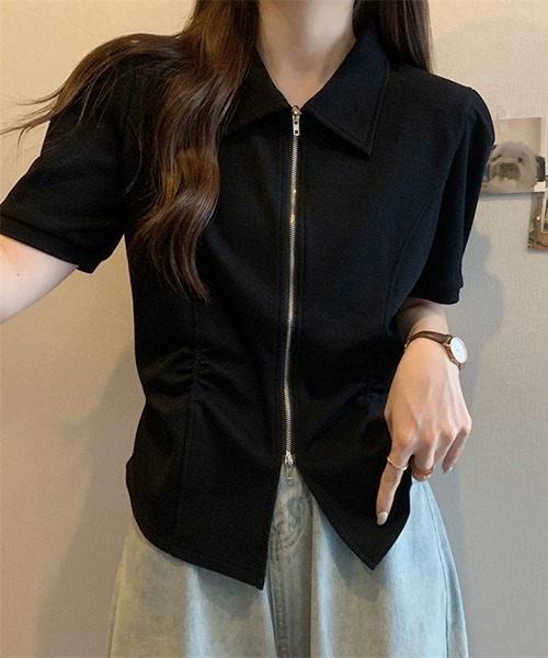gossip!ロサンゼルス(ゴシップロサンゼルス)の「YUGA ダブルジッパー ショートトップス(シャツ/ブラウス・レディース・ブラック/グレー・FREE)」の1枚目の写真