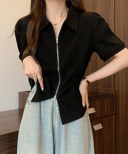 gossip!ロサンゼルス(ゴシップロサンゼルス)の「YUGA ダブルジッパー ショートトップス(シャツ/ブラウス・レディース・ブラック/グレー・FREE)」の3枚目の写真