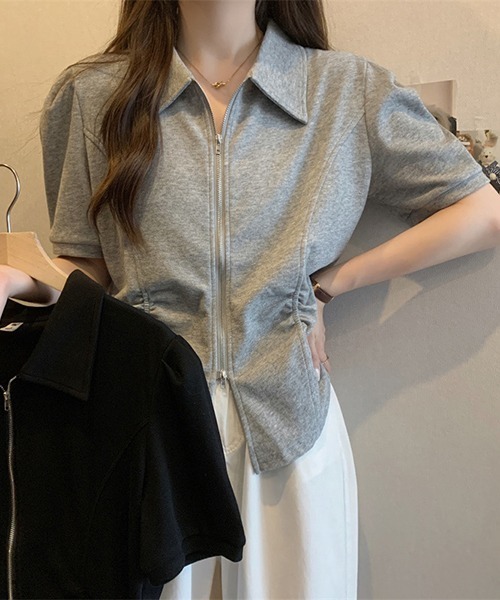 gossip!ロサンゼルス(ゴシップロサンゼルス)の「YUGA ダブルジッパー ショートトップス(シャツ/ブラウス・レディース・ブラック/グレー・FREE)」の6枚目の写真