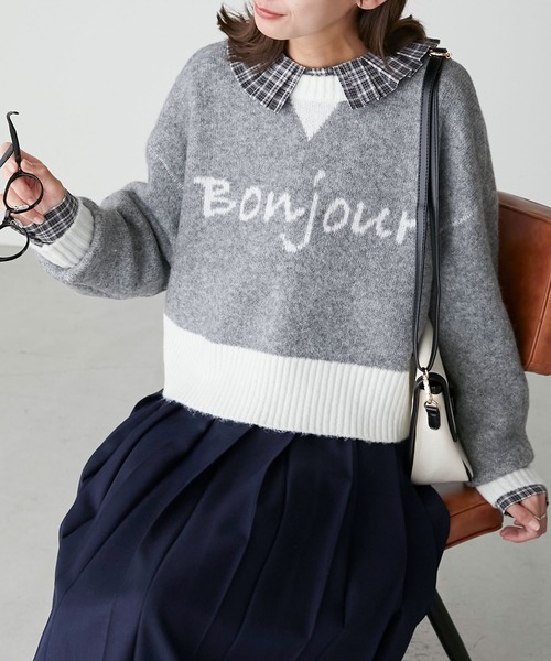 BONLECILL(ボンルシール)の「フレンチロゴジャガードクロップドニットプルオーバー(ニット/セーター・レディース・ネイビー/ブラック/ブラウン/グレー/アイボリー・FREE)」の4枚目の写真