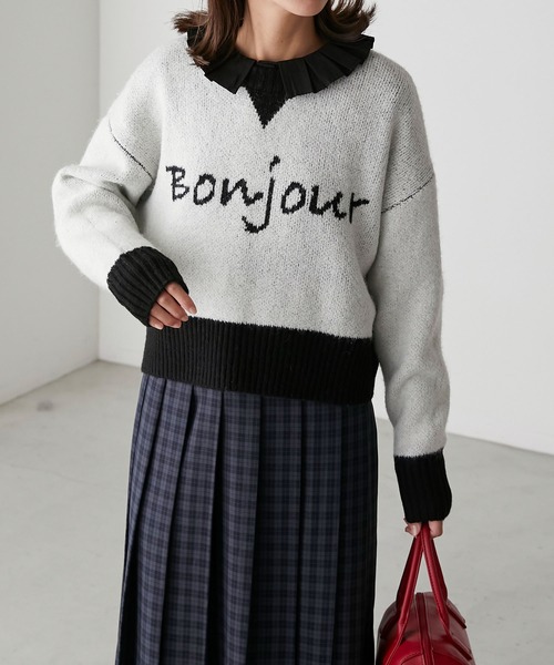 BONLECILL(ボンルシール)の「フレンチロゴジャガードクロップドニットプルオーバー(ニット/セーター・レディース・ネイビー/ブラック/ブラウン/グレー/アイボリー・FREE)」の6枚目の写真