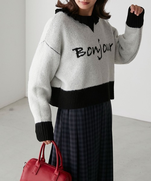 BONLECILL(ボンルシール)の「フレンチロゴジャガードクロップドニットプルオーバー(ニット/セーター・レディース・ネイビー/ブラック/ブラウン/グレー/アイボリー・FREE)」の7枚目の写真