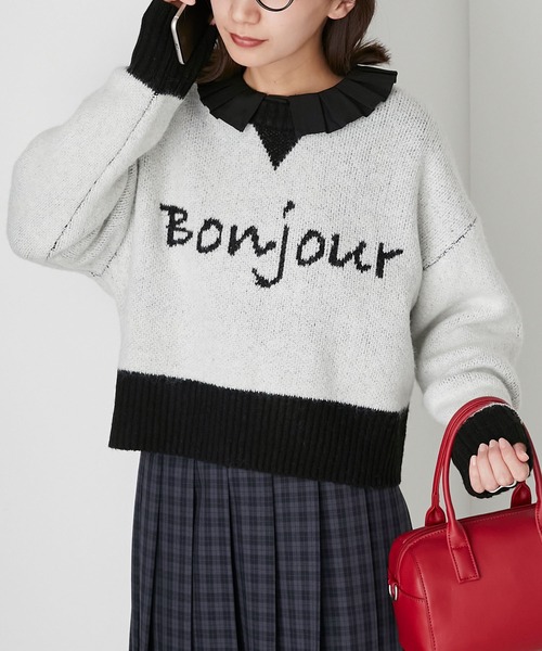 BONLECILL(ボンルシール)の「フレンチロゴジャガードクロップドニットプルオーバー(ニット/セーター・レディース・ネイビー/ブラック/ブラウン/グレー/アイボリー・FREE)」の12枚目の写真