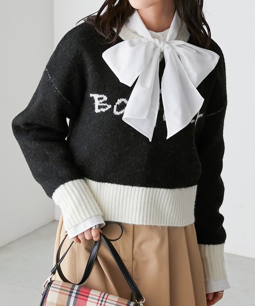BONLECILL(ボンルシール)の「フレンチロゴジャガードクロップドニットプルオーバー(ニット/セーター・レディース・ネイビー/ブラック/ブラウン/グレー/アイボリー・FREE)」の18枚目の写真