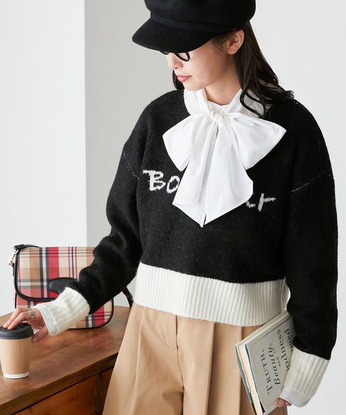 BONLECILL(ボンルシール)の「フレンチロゴジャガードクロップドニットプルオーバー(ニット/セーター・レディース・ネイビー/ブラック/ブラウン/グレー/アイボリー・FREE)」の19枚目の写真