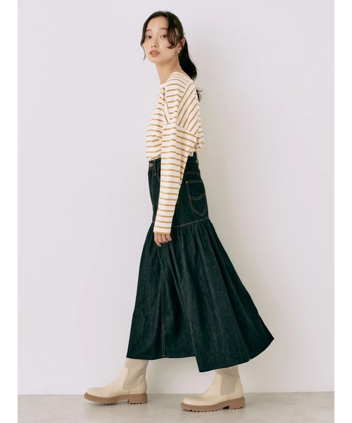 earth music&ecology（アースミュージックアンドエコロジー）の「Lee×e.m.a.e.デニムフリルスカート（スカート・レディース・インディゴブルー/ブルー系その他・S/M）」の8枚目の写真