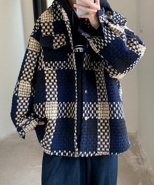 Burner（バーナー）の「【OKUOKU　0909】レトロ チェック ジャケット oku-outer-684978294706-55 U（ステンカラーコート・メンズ・グレー/ネイビー・L/M/XL）」の8枚目の写真