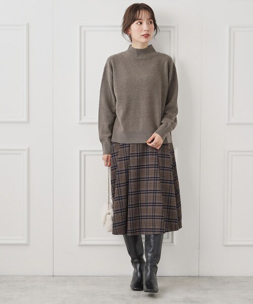 couture brooch（クチュールブローチ）の「◆【リボン付け外し2WAY】起毛チェックタックボリュームスカート（スカート・レディース・ブラウン系その他3/ブラウン系2・36/38/40/42）」の5枚目の写真