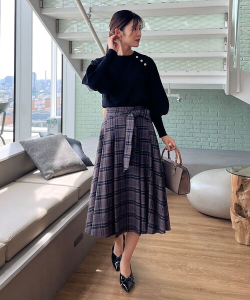 couture brooch（クチュールブローチ）の「◆【リボン付け外し2WAY】起毛チェックタックボリュームスカート（スカート・レディース・ブラウン系その他3/ブラウン系2・36/38/40/42）」の10枚目の写真