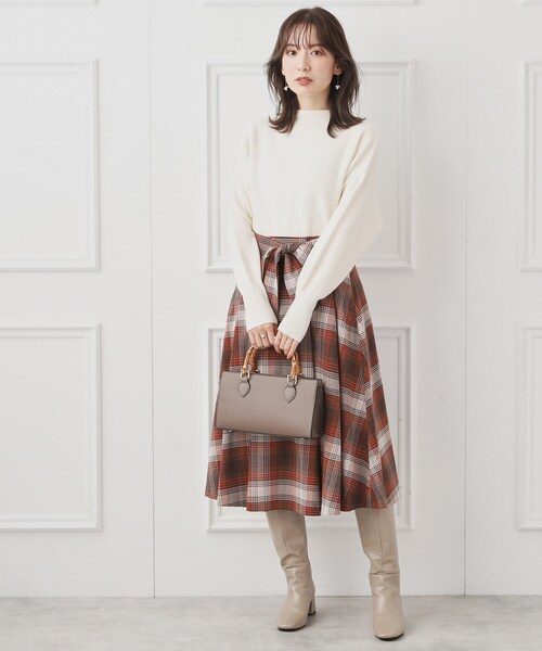 couture brooch（クチュールブローチ）の「◆【リボン付け外し2WAY】起毛チェックタックボリュームスカート（スカート・レディース・ブラウン系その他3/ブラウン系2・36/38/40/42）」の12枚目の写真
