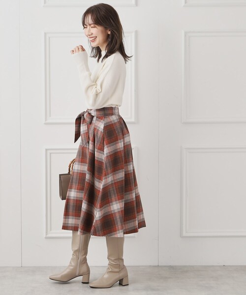 couture brooch（クチュールブローチ）の「◆【リボン付け外し2WAY】起毛チェックタックボリュームスカート（スカート・レディース・ブラウン系その他3/ブラウン系2・36/38/40/42）」の13枚目の写真