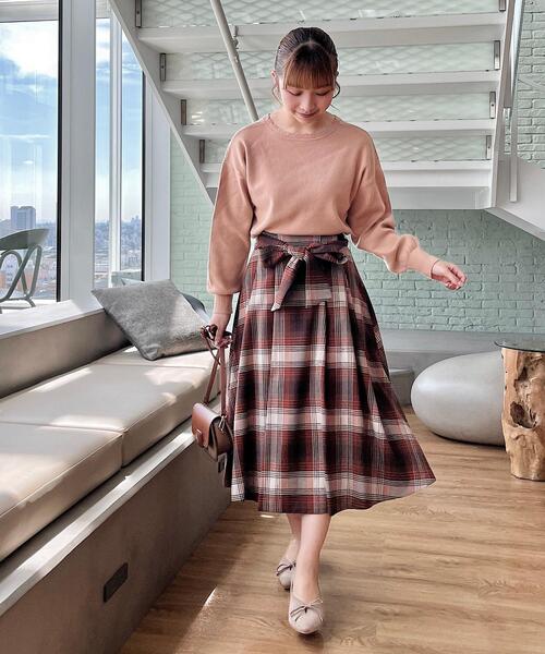 couture brooch（クチュールブローチ）の「◆【リボン付け外し2WAY】起毛チェックタックボリュームスカート（スカート・レディース・ブラウン系その他3/ブラウン系2・36/38/40/42）」の15枚目の写真