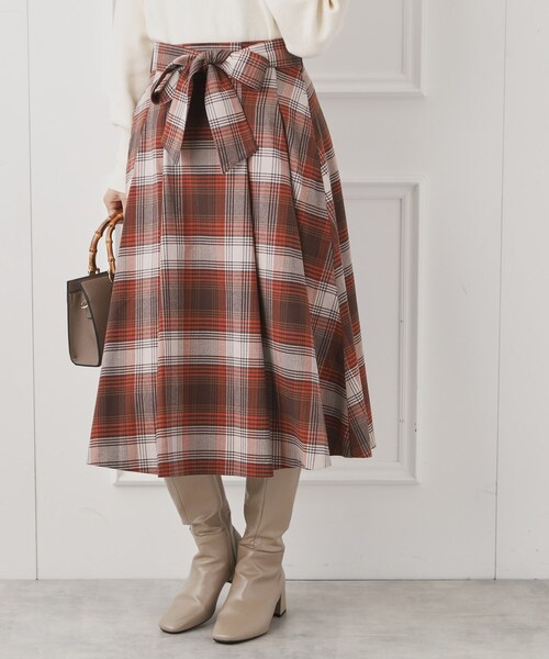 couture brooch（クチュールブローチ）の「◆【リボン付け外し2WAY】起毛チェックタックボリュームスカート（スカート・レディース・ブラウン系その他3/ブラウン系2・36/38/40/42）」の3枚目の写真