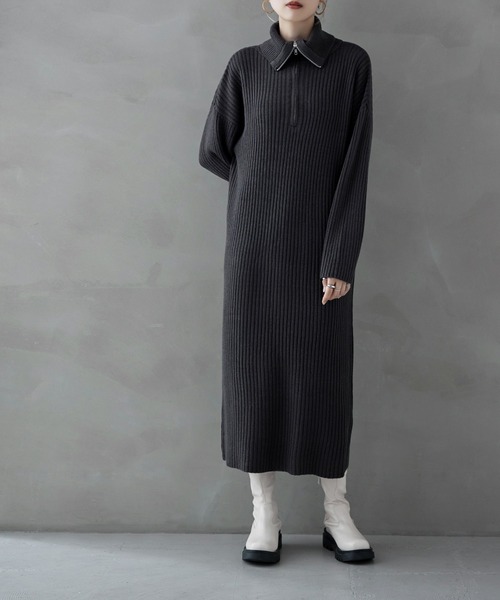 etoll.(エトル)の「ハーフジップリブニットワンピース(ワンピース・レディース・ライトベージュ/チャコール/ブラック・M)」の8枚目の写真