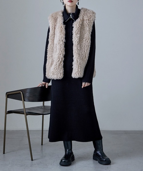 etoll.(エトル)の「ハーフジップリブニットワンピース(ワンピース・レディース・ライトベージュ/チャコール/ブラック・M)」の22枚目の写真