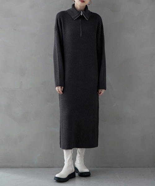 etoll.(エトル)の「ハーフジップリブニットワンピース(ワンピース・レディース・ライトベージュ/チャコール/ブラック・M)」の4枚目の写真