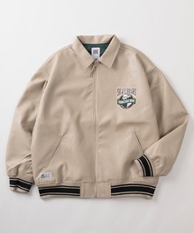 【VISION STREET  WEAR/ヴィジョンストリートウェア】SKATEBOARDワッペンデザイン リブライン フェイクレザーブルゾン/ PUレザージャケット/ビッグシルエット