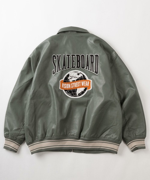 VISION STREET WEAR(ヴィジョンストリートウェア)の「【VISION STREET WEAR/ヴィジョンストリートウェア】SKATEBOARDワッペンデザイン リブライン フェイクレザーブルゾン/ PUレザージャケット/ビッグシルエット(ブルゾン・メンズ・ブラック/ナチュラル/オリーブ・L/XL/M)」の1枚目の写真
