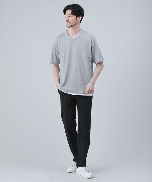 LIL VENDARS（リルヴェンダース）の「ジャガードボーダー半袖Vネックフェイクレイヤードカットソー（Tシャツ/カットソー・メンズ・ブラック/ホワイト/ブルー/杢グレー・M/LL/L）」の10枚目の写真