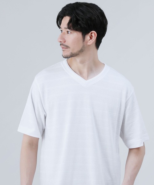 LIL VENDARS（リルヴェンダース）の「ジャガードボーダー半袖Vネックフェイクレイヤードカットソー（Tシャツ/カットソー・メンズ・ブラック/ホワイト/ブルー/杢グレー・M/LL/L）」の13枚目の写真