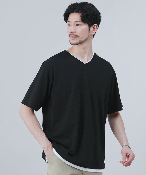 LIL VENDARS（リルヴェンダース）の「ジャガードボーダー半袖Vネックフェイクレイヤードカットソー（Tシャツ/カットソー・メンズ・ブラック/ホワイト/ブルー/杢グレー・M/LL/L）」の16枚目の写真