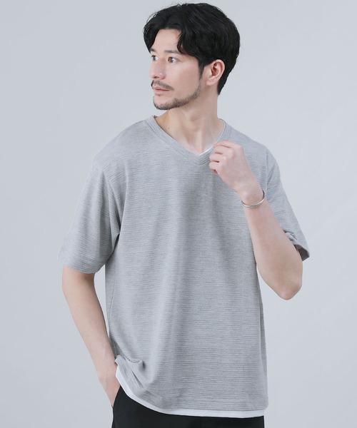 LIL VENDARS（リルヴェンダース）の「ジャガードボーダー半袖Vネックフェイクレイヤードカットソー（Tシャツ/カットソー・メンズ・ブラック/ホワイト/ブルー/杢グレー・M/LL/L）」の17枚目の写真
