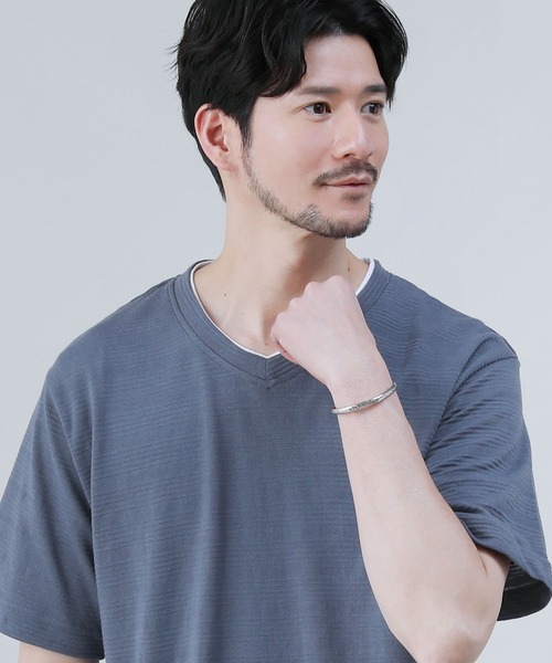 LIL VENDARS（リルヴェンダース）の「ジャガードボーダー半袖Vネックフェイクレイヤードカットソー（Tシャツ/カットソー・メンズ・ブラック/ホワイト/ブルー/杢グレー・M/LL/L）」の18枚目の写真