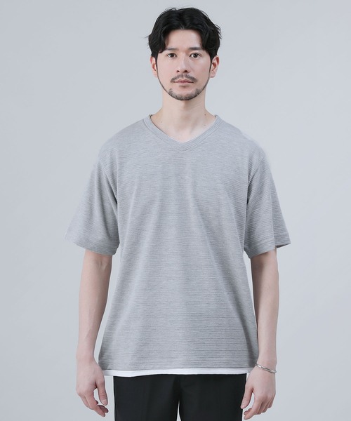 LIL VENDARS（リルヴェンダース）の「ジャガードボーダー半袖Vネックフェイクレイヤードカットソー（Tシャツ/カットソー・メンズ・ブラック/ホワイト/ブルー/杢グレー・M/LL/L）」の20枚目の写真