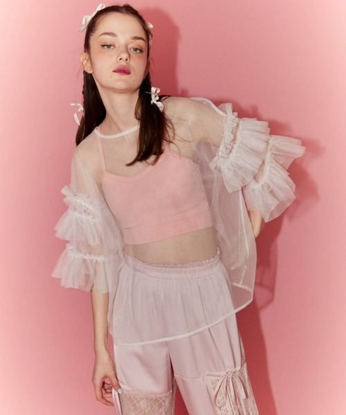 Candy Stripper（キャンディストリッパー）の「TULLE FRILL SLEEVE トップス（Tシャツ/カットソー・レディース・チャコール/ブラック/オフホワイト・2）」の8枚目の写真