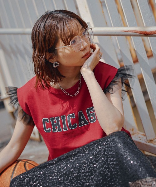 NBA（エヌビーエー）の「【NBA】別注/フリルチュールスリーブロゴTシャツ（Tシャツ/カットソー・レディース・レッド/ブラック・FREE）」の9枚目の写真