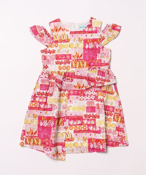HAKKA KIDS（ハッカキッズ）の「フラワーベジタブルボーダープリントオフショルダーワンピース（ワンピース・キッズ・ネイビー/ピンク・100cm/110cm/120cm/130cm）」の2枚目の写真