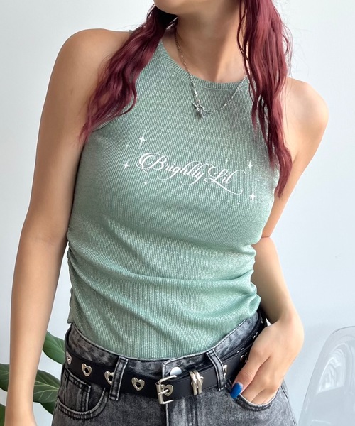 SHAGGIE（シャギー）の「【カップ付き】サイドシャーリングラメタンクアメスリ（タンクトップ・レディース・シルバー/ブラック/グリーン・FREE）」の2枚目の写真