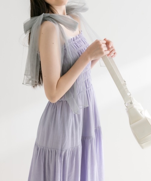 OLIVE des OLIVE（オリーブデオリーブ）の「チュールリボン付きシャーリングキャミワンピ（ワンピース・レディース・ブラック/オフホワイト/ラベンダー/チェック・SMALL/MEDIUM）」の20枚目の写真