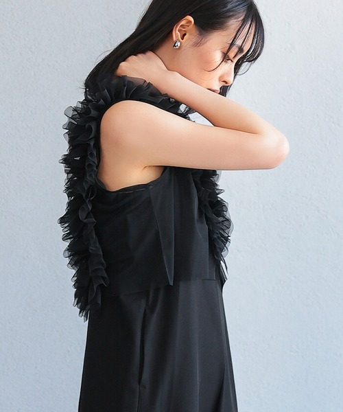 itto...(イット)の「贅沢フリルシアーベスト+オールインワンセットアップ(パンツドレス・レディース・ブラック・M)」の7枚目の写真