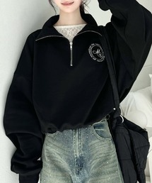 mily bilet | 【mily bilet】大人のデイリートップス。裏起毛胸刺繍ハーフジップクロップド丈裾スピンドルスウェット(スウェット)