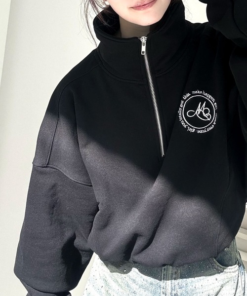 セール】【mily bilet】大人のデイリートップス。裏起毛胸刺繍ハーフ