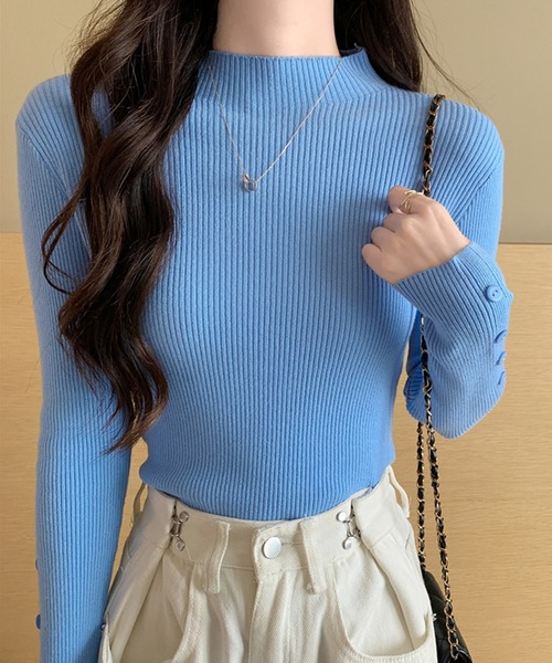 Girly Doll(ガーリードール)の「袖ボタンリブニットトップス(ニット/セーター・レディース・ベージュ/モカ/オレンジ/ホワイト/キャメル/ブラウン/グリーン/グレー/ブルー/ブラック・F)」の17枚目の写真