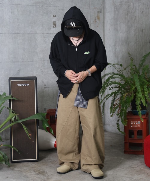 セール】ワンポイントロゴ刺繍 ビッグシルエット ダブルジップアップ